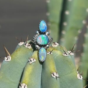 **SOLD**HANDMADE STERLING SILVER 3 STONE AUSTRALIAN
OPAL RING